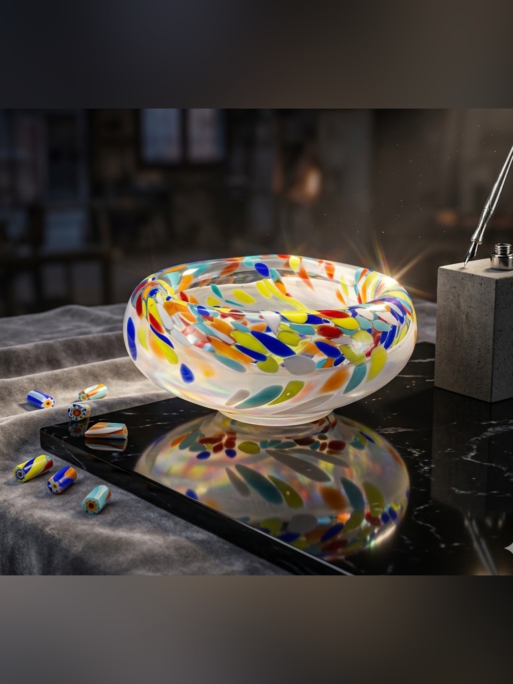 Murano bowl made in Italy, Colorful swirl of different colors, Glass Art Bowl